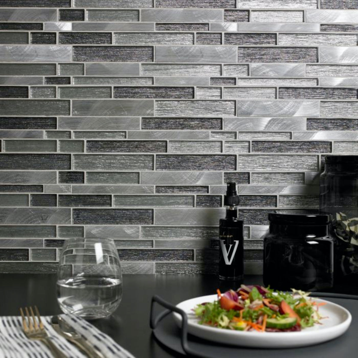 Ashby Grey Glass & Metal Mix Offset Linear Mosaic Tile - 300mm x 300mm x 8.5mm (Covers 0.09m2)