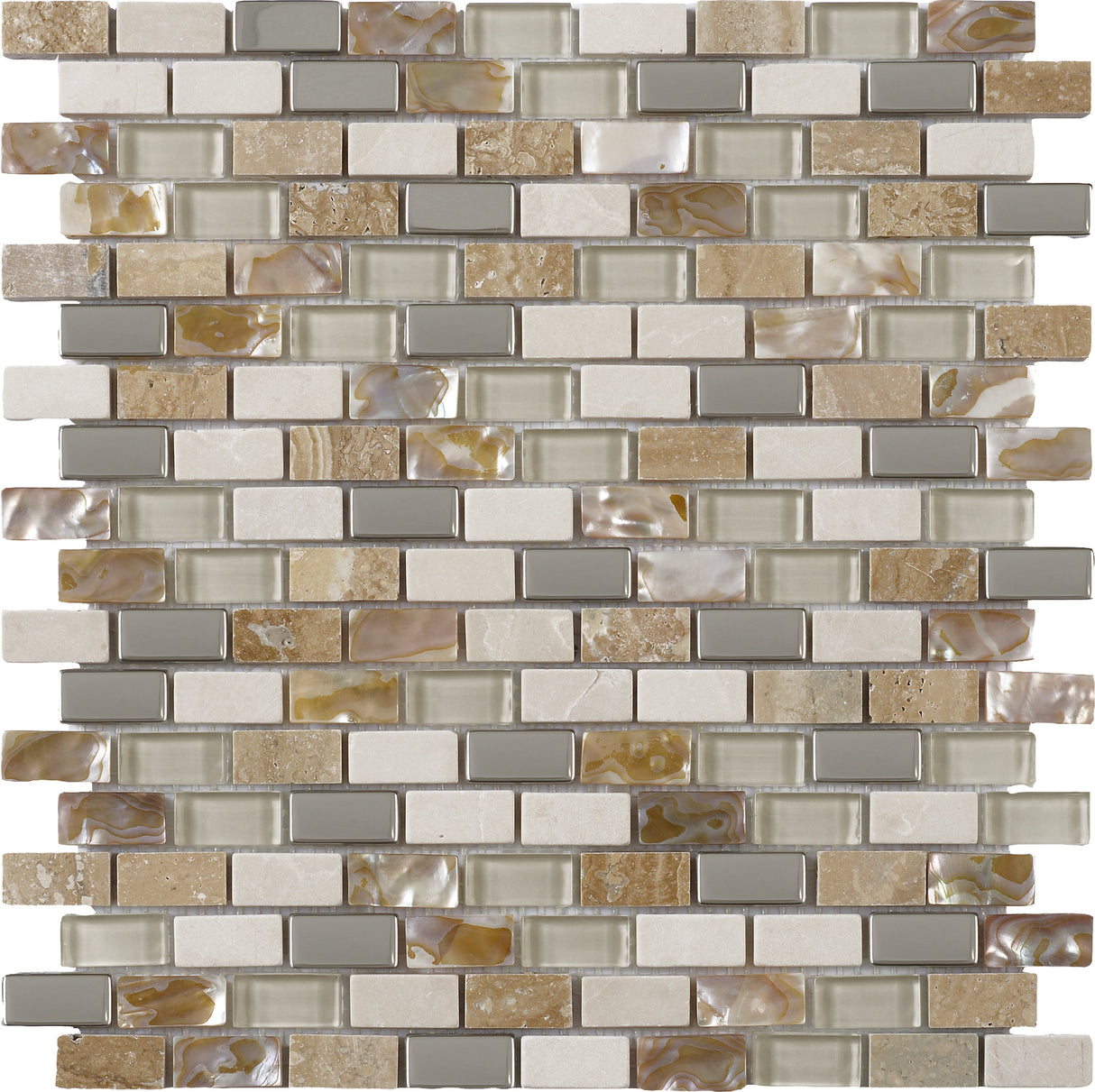 Cream Pearl Glass/Stone/Metal Mix Mini Brick Mosaic Tile - 285mm x 300mm x 8mm (Covers 0.09m2)