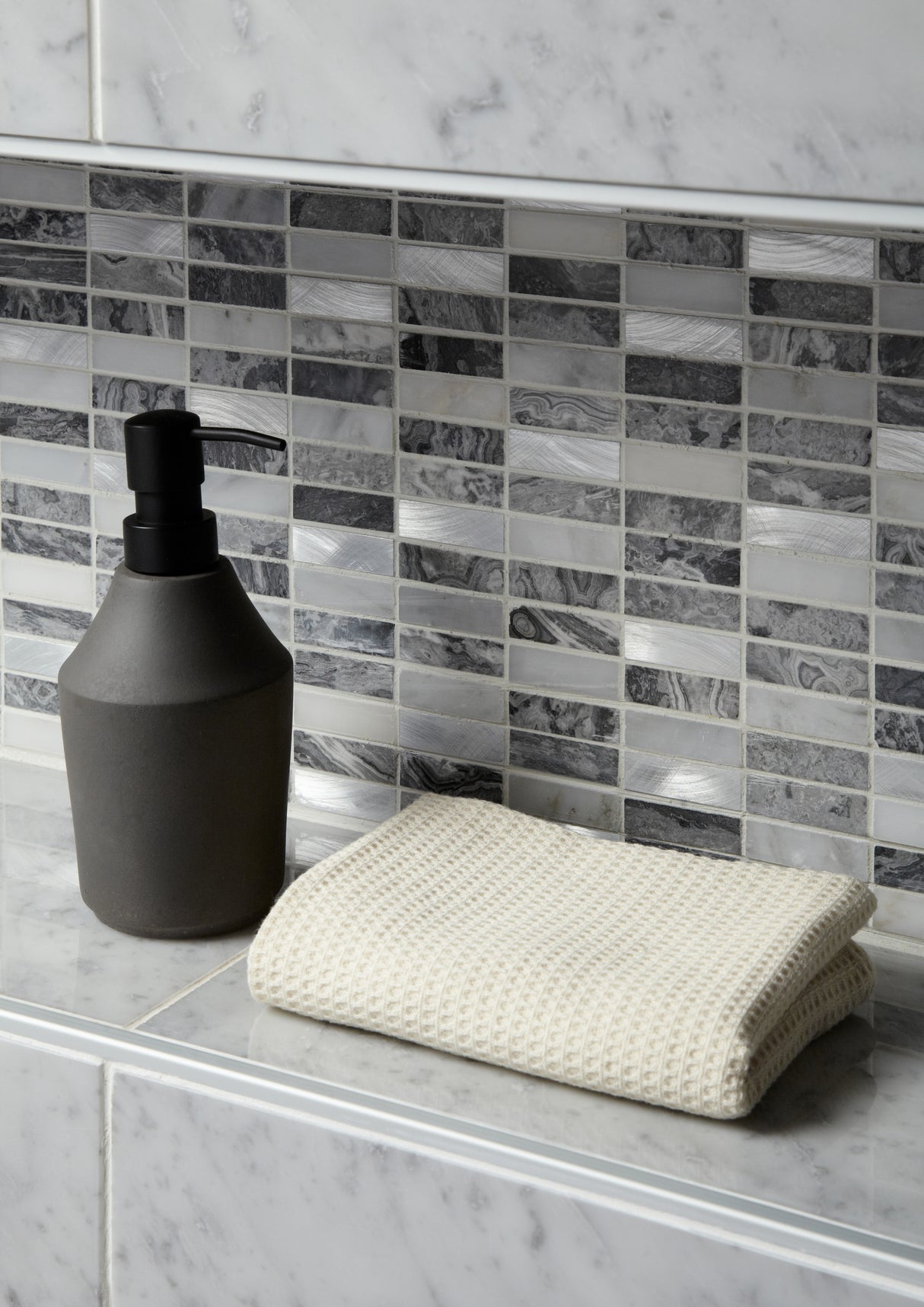 Creswell Grey Stone & Metal Mix Linear Mosaic Tile  - 300mm x 305mm x 8mm (Covers 0.09m2)