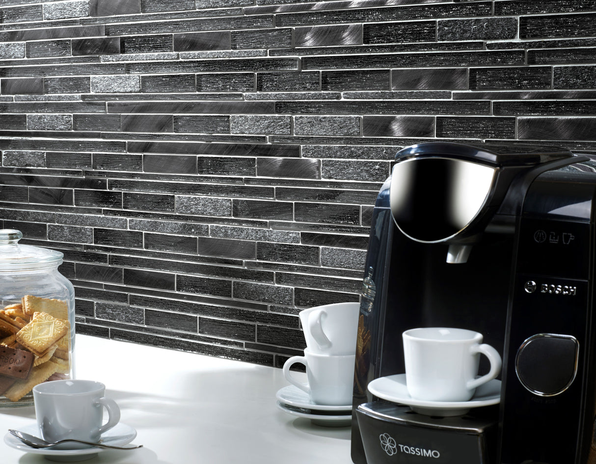 Kenton Silver Glass/Stone/Metal Mix Offset Linear Mosaic Tile - 300mm x 310mm x 8mm (Covers 0.09m2)