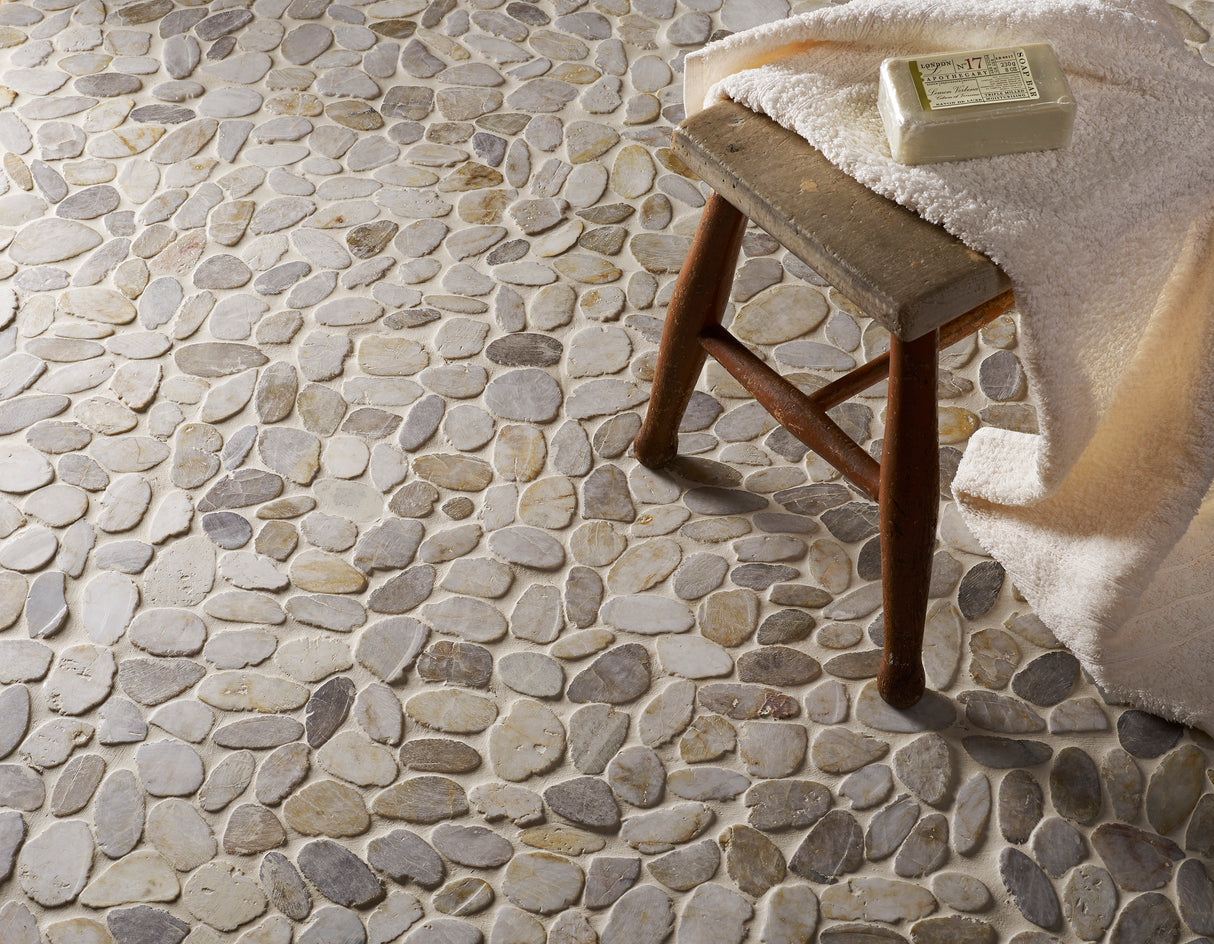 Riverstone White Flat Cut Pebble Mosaic Tile  - 300mm x 300mm x 10mm (Covers 0.09m2)