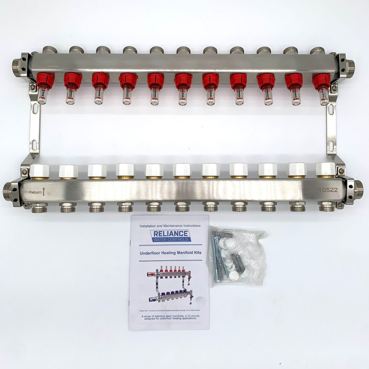 Reliance 11-Port Underfloor Heating Manifold – 304 Stainless Steel UFH Manifold with Taconova Flow Meters, Multi-Zone Heating System (BS EN 1264-4)