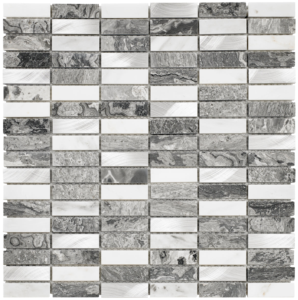 Creswell Grey Stone & Metal Mix Linear Mosaic Tile  - 300mm x 305mm x 8mm (Covers 0.09m2)