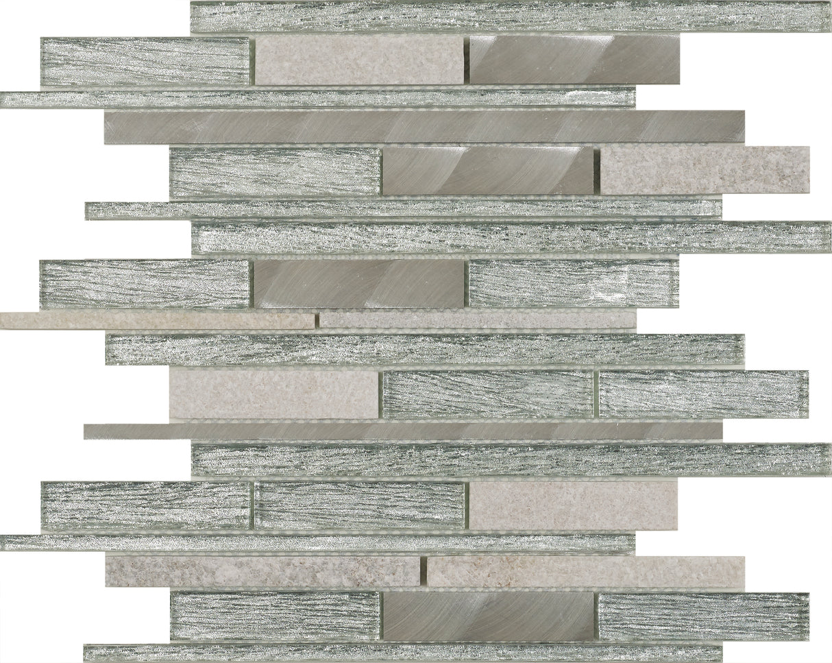 Kenton Silver Glass/Stone/Metal Mix Offset Linear Mosaic Tile - 300mm x 310mm x 8mm (Covers 0.09m2)